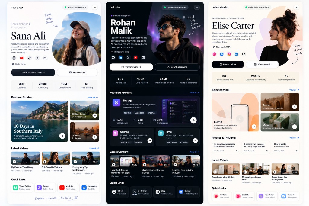 Profile pages for Sana Ali, Rohan Malik, and Elise Carter